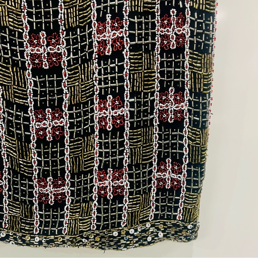 Vintage Silk Beaded Black Red Gold Geometric Pattern Mini Dress Small - Picture 4 of 10